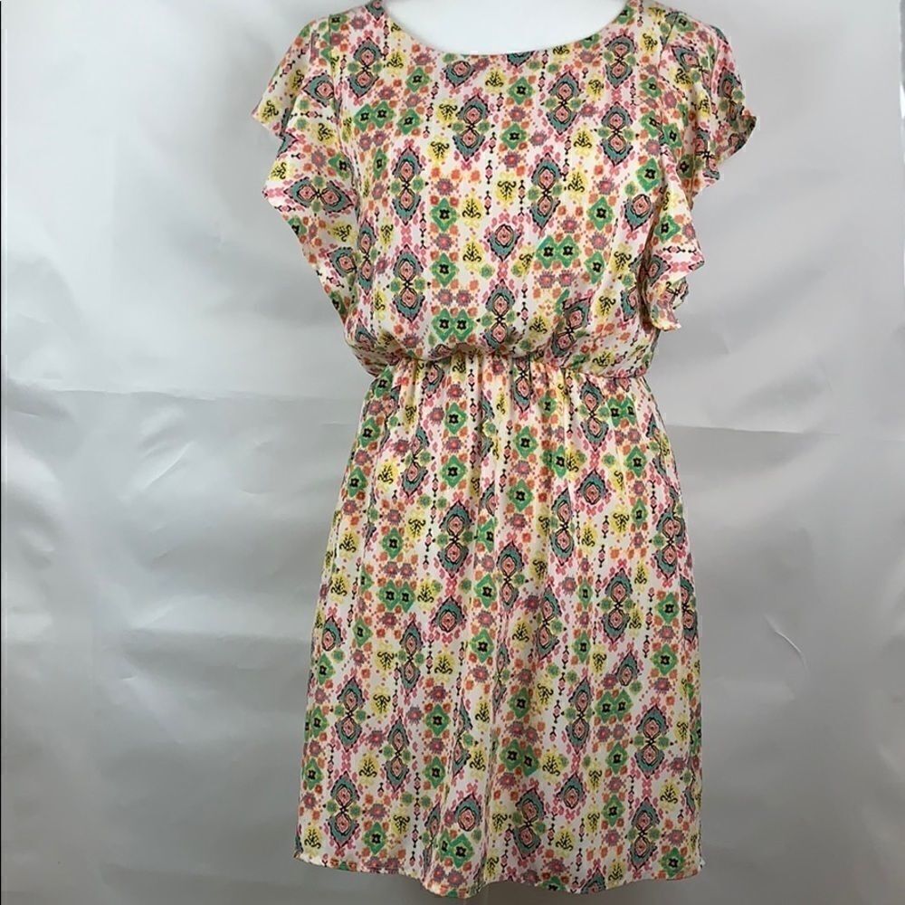 Francesca's print ruffle sleeve dress.